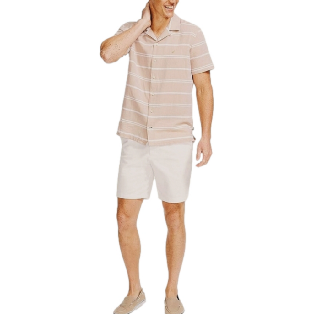 Nautica Men's Classic Fit Tan & White Linen Blend Short Sleeve Button-down Shirt